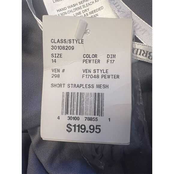 NWT David's Bridal Short Strapless Mesh Bridesmaid Dress Size 14 Pewter - Picture 7 of 9